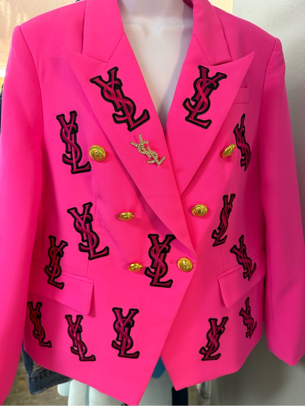 Fashion Inspired Hot Pink Double-Breasted Logo Blazer